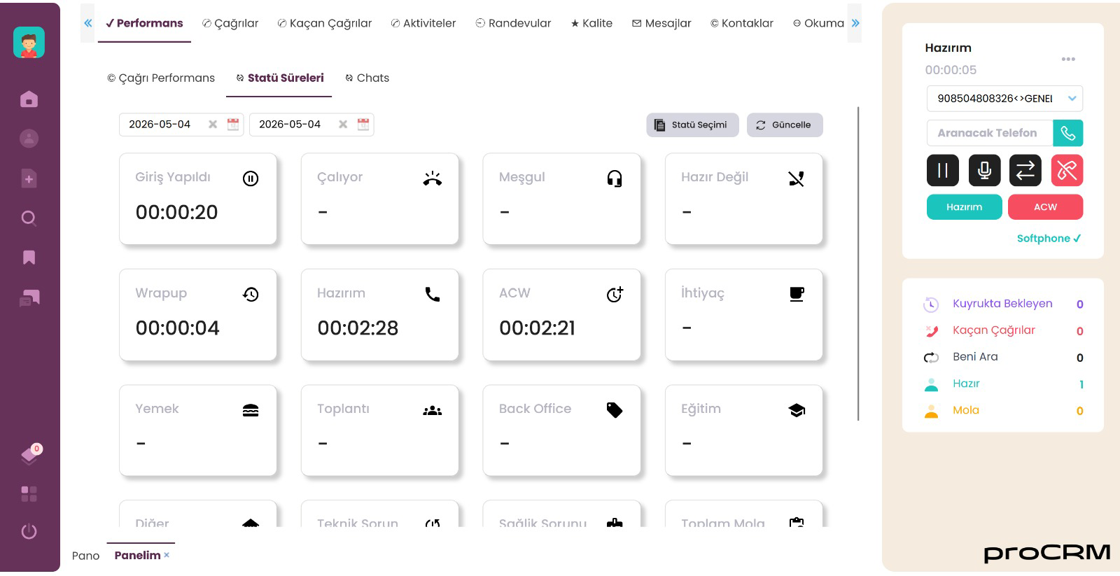 ProCRM temsilci performans ve durum ekranı