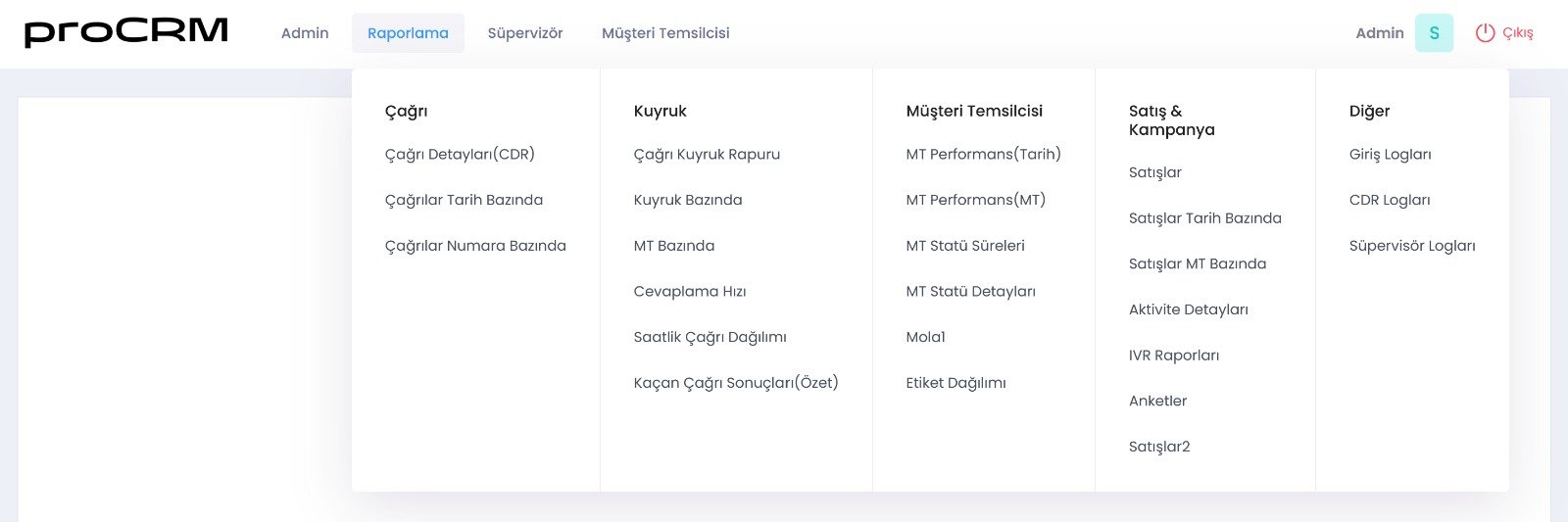 ProCRM raporlama menüsü